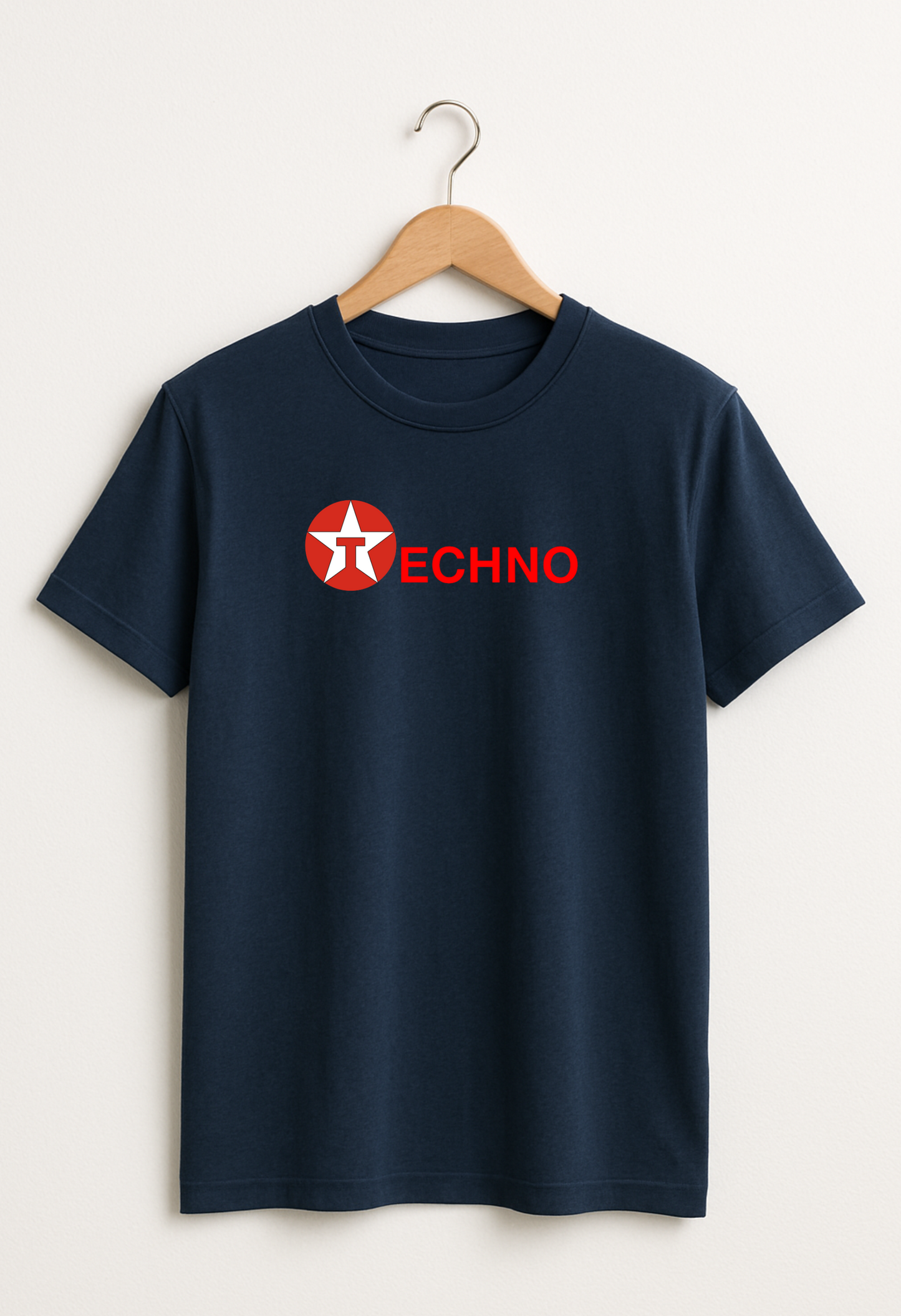 Navy blue t-shirt with red and white logo  techno on a wooden hanger against a white background