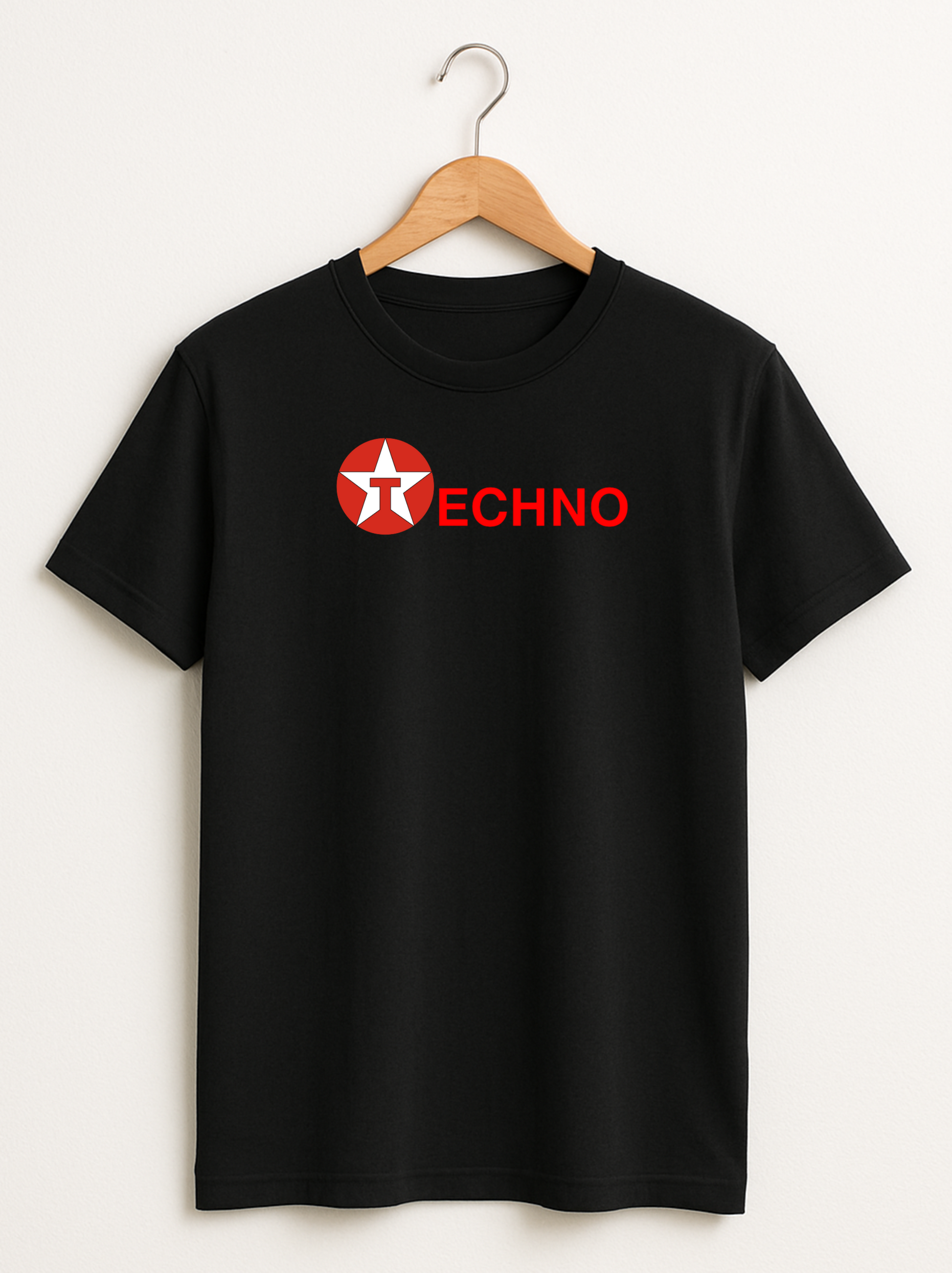 Black t-shirt with red logo techno on a hanger against a white background