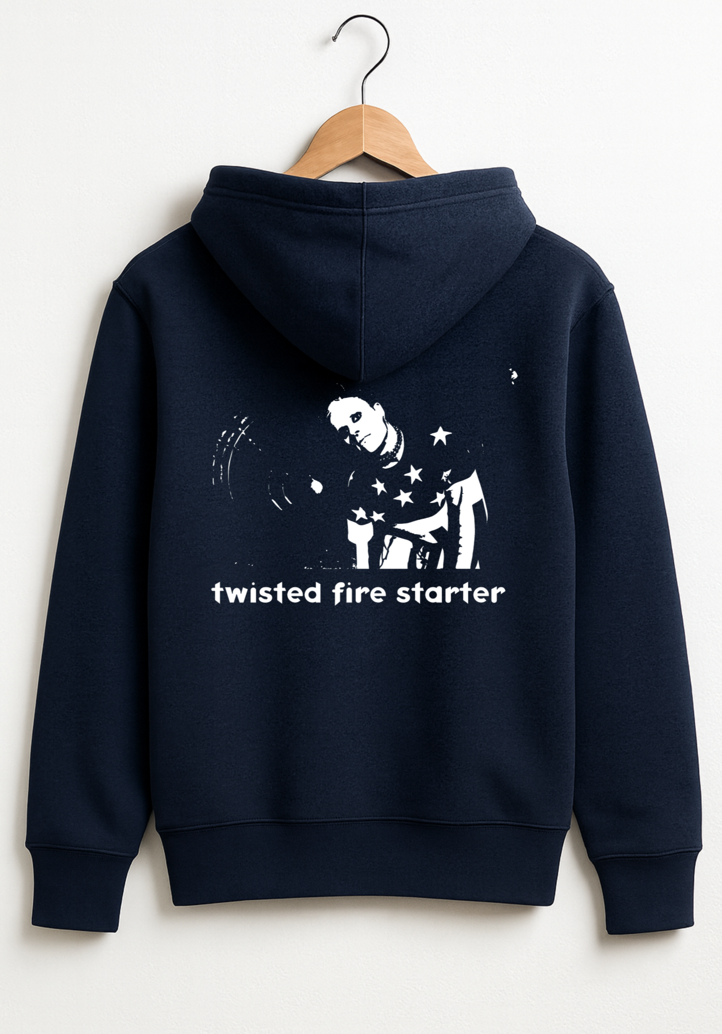 Navy blue hoodie with graphic design and text on a white background