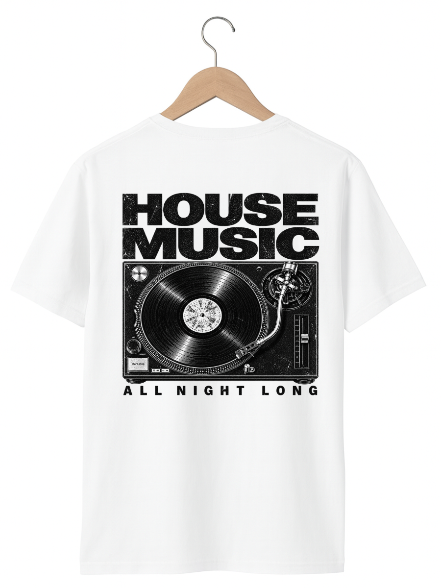 A white short-sleeve t-shirt hanging on a wooden hanger against a white background. The back of the shirt features a large black graphic print of a vinyl record on a turntable with the text 'HOUSE MUSIC' above and 'ALL NIGHT LONG' below.