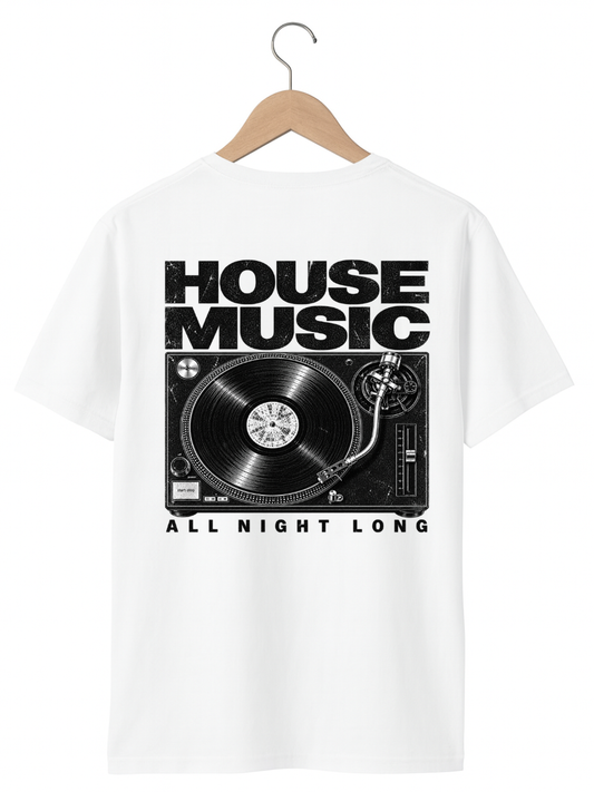 A white short-sleeve t-shirt hanging on a wooden hanger against a white background. The back of the shirt features a large black graphic print of a vinyl record on a turntable with the text 'HOUSE MUSIC' above and 'ALL NIGHT LONG' below.