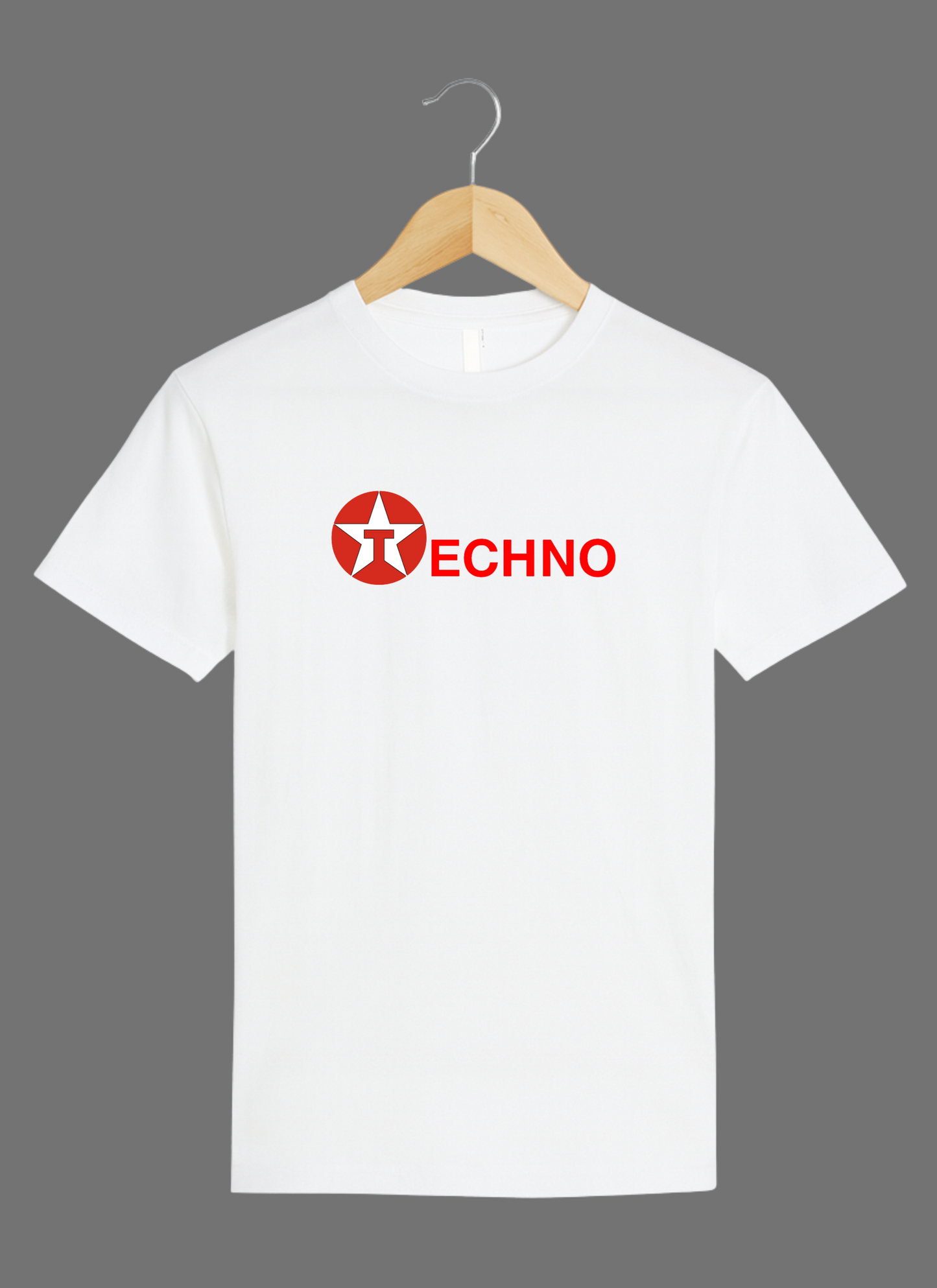White t-shirt with a red logo and 'TECHNO' text on a grey background