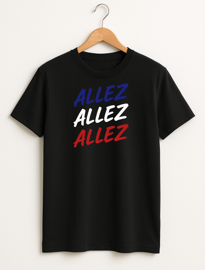 Black Cycling  t-shirt with 'ALLEZ' text in blue, white, and red on a hanger against a white background