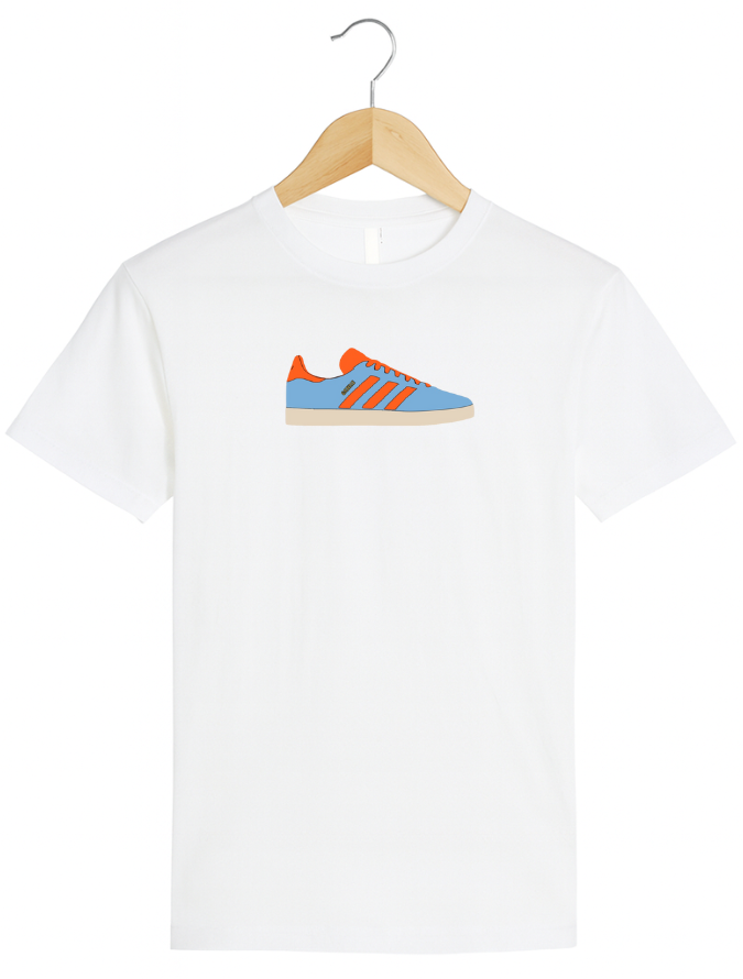 White t-shirt with a graphic of a blue and orange sneaker on a hanger against a white background