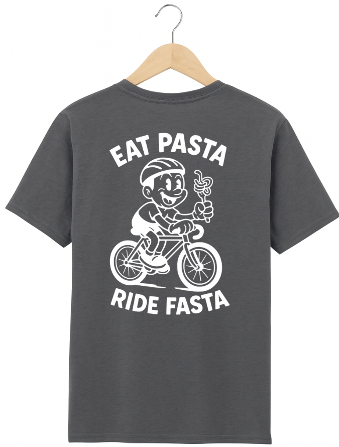 Grey t-shirt with a graphic of a person riding a bike and text 'Eat Pasta Ride Fasta' on a hanger.