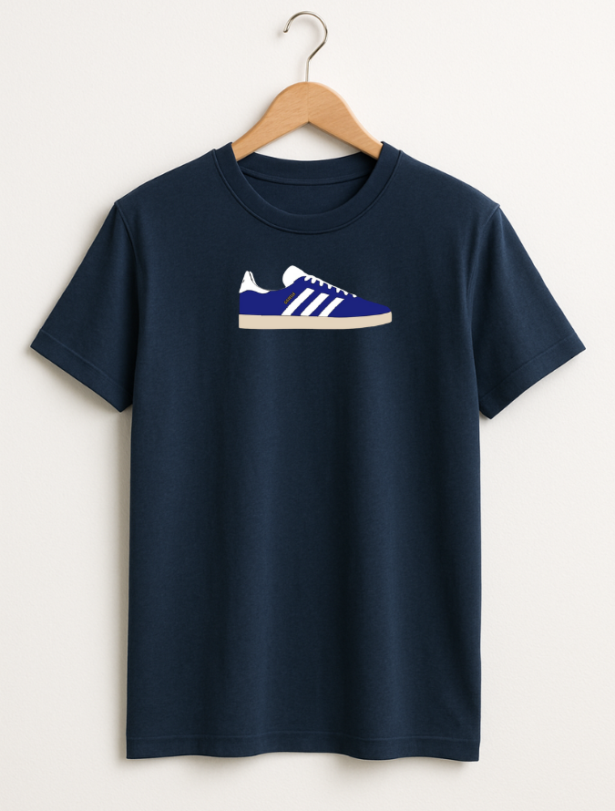 Navy blue t-shirt with a graphic of a blue and white sneaker on a hanger against a light gray background