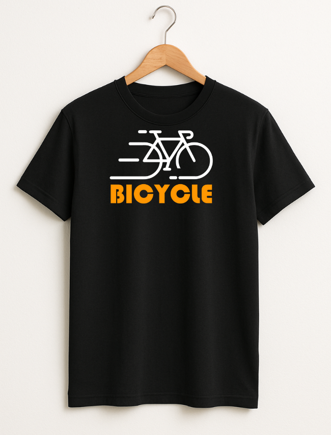 Black t-shirt with bicycle graphic and 'BICYCLE' text on a hanger against a white background