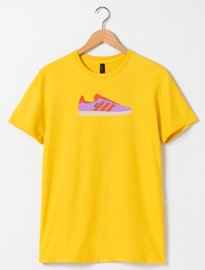 Yellow t-shirt with a shoe graphic on a hanger against a white background