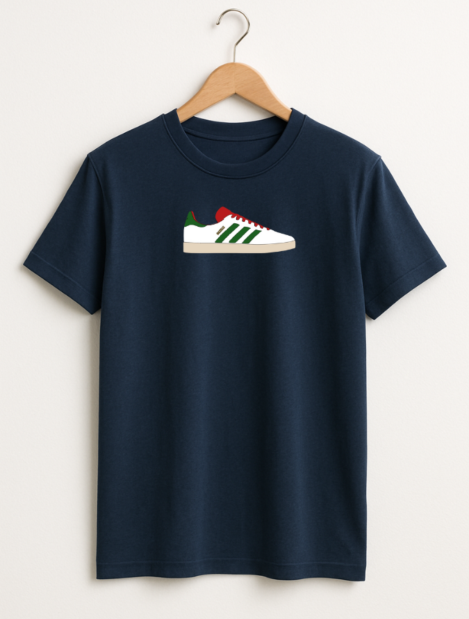 Navy blue t-shirt with a shoe graphic on a hanger against a white background