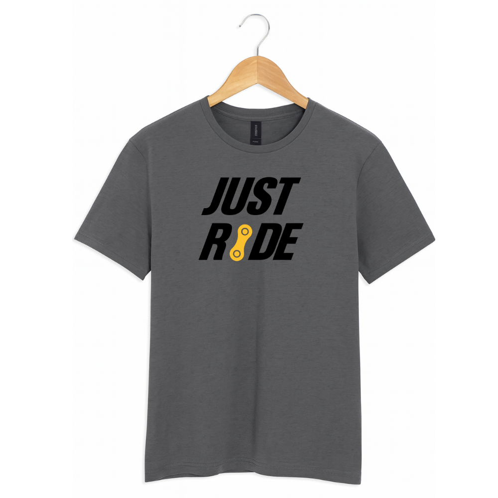 Grey t-shirt with 'JUST RIDE' text on a hanger against a white background
