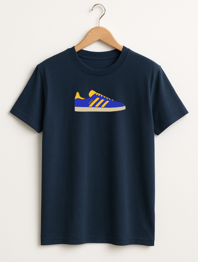 Navy blue t-shirt with a graphic of a blue and yellow sneaker on a hanger against a white background