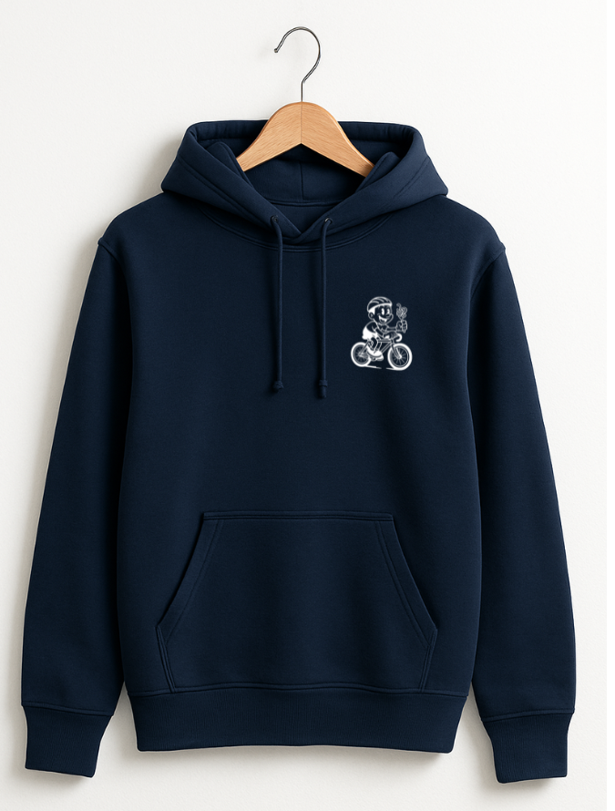 Navy blue hoodie hanging on a wooden hanger with a white graphic of a cartoon cyclist holding pasta 