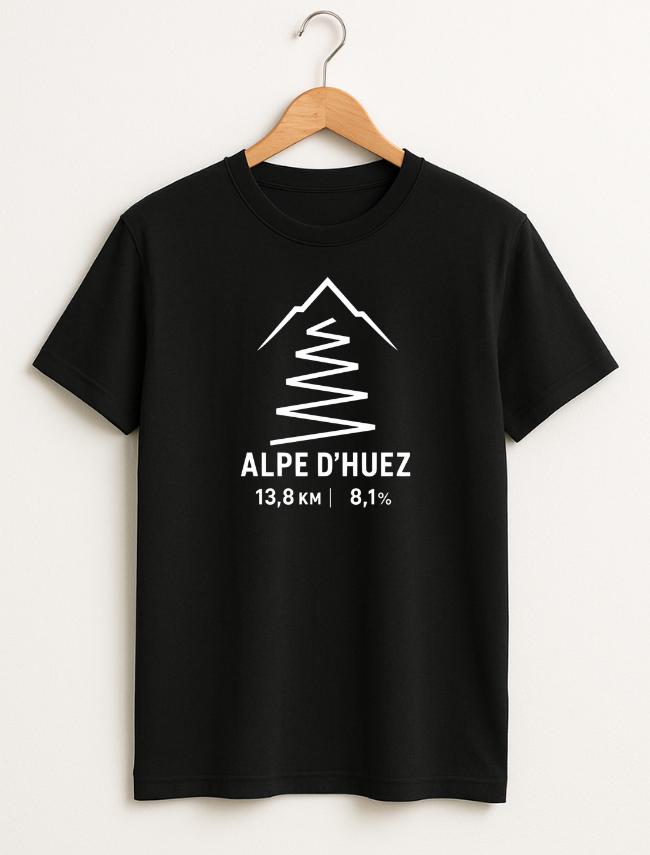 Black t-shirt with white mountain graphic and text on a hanger against a white background