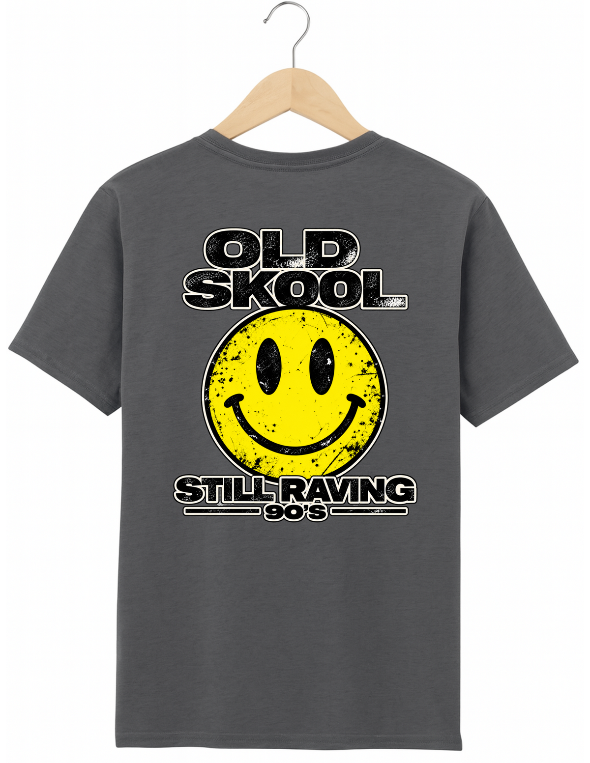 A dark grey t-shirt on a wooden hanger, featuring a distressed yellow smiley face graphic with the text 'OLD SKool STILL RAVING SO'S' printed on the front.