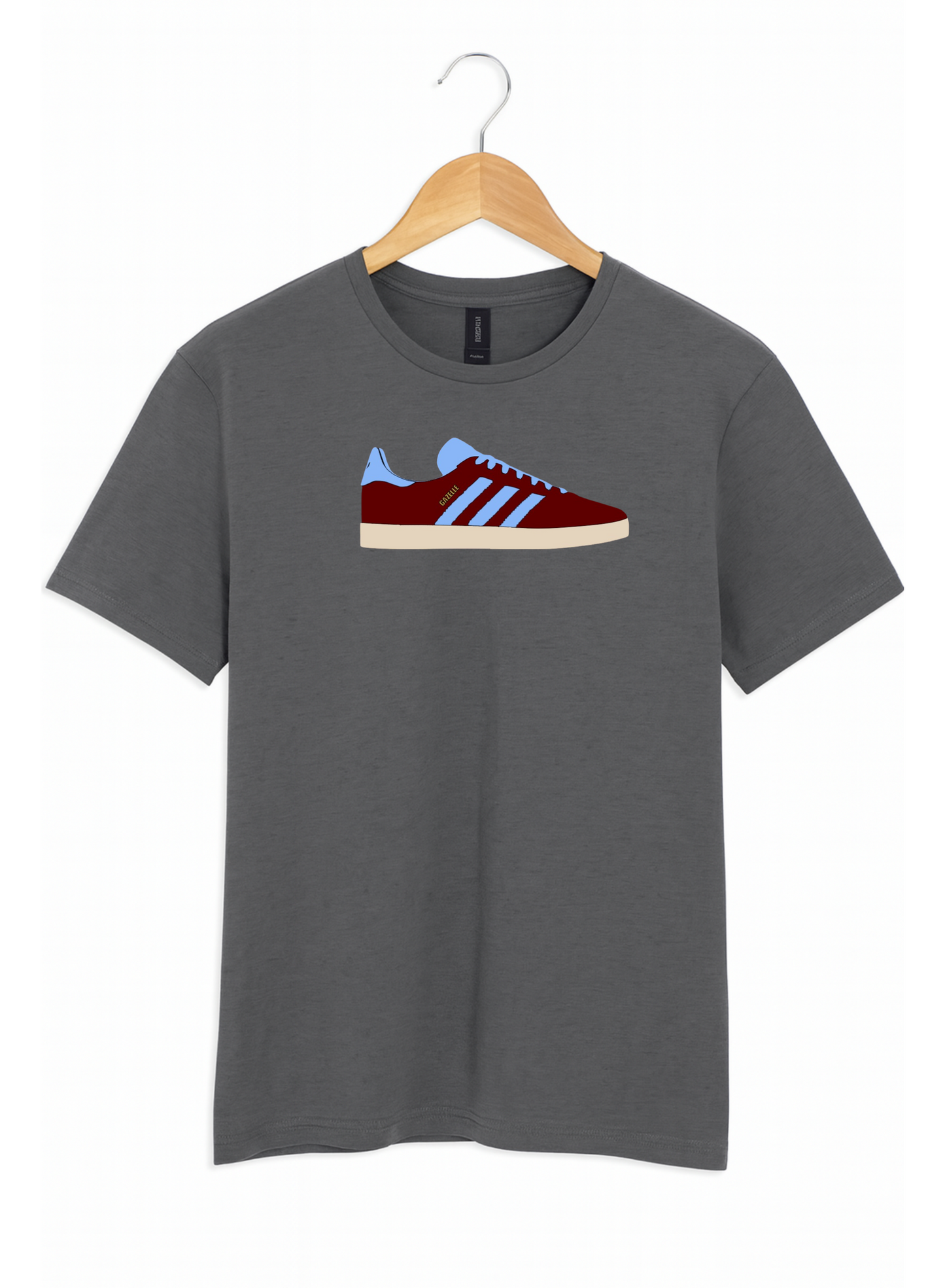 Grey t-shirt with a graphic of red and blue sneakers on a hanger against a white background