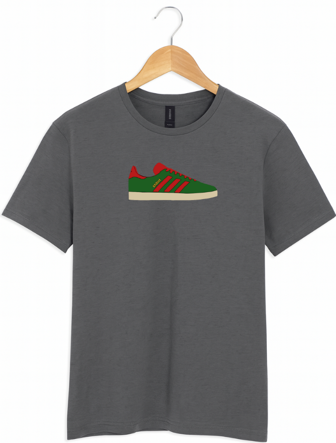 Grey t-shirt with a graphic of a green and red shoe on a hanger against a white background