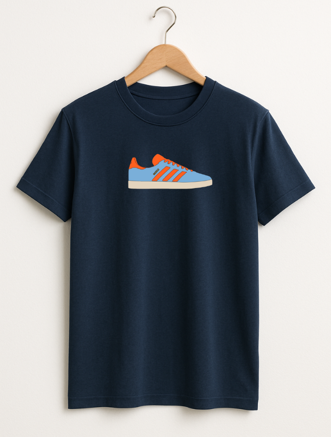Navy blue t-shirt with a graphic of a blue and orange sneaker on a hanger against a white background