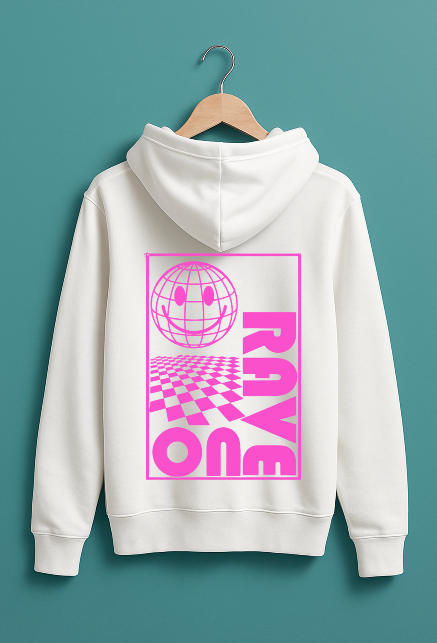White hoodie with pink graphic design on a hanger against a teal background