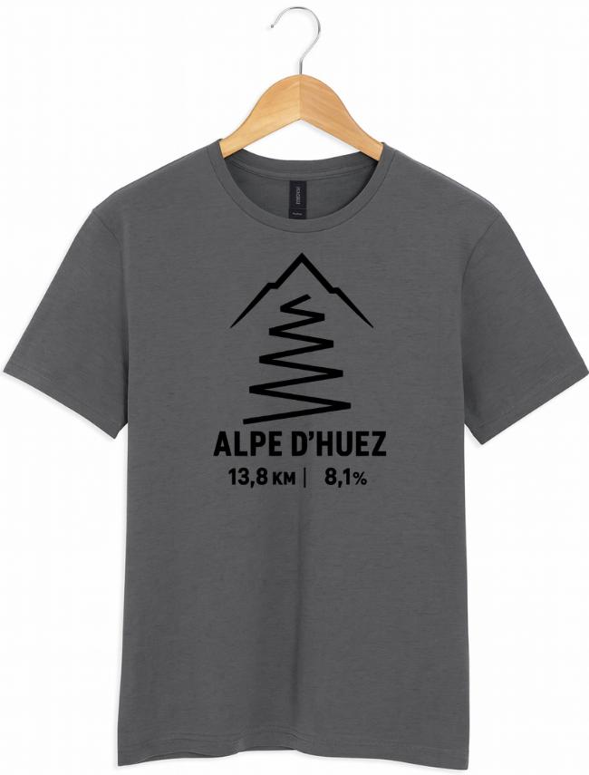 Grey t-shirt with black graphic and text on a hanger against a white background