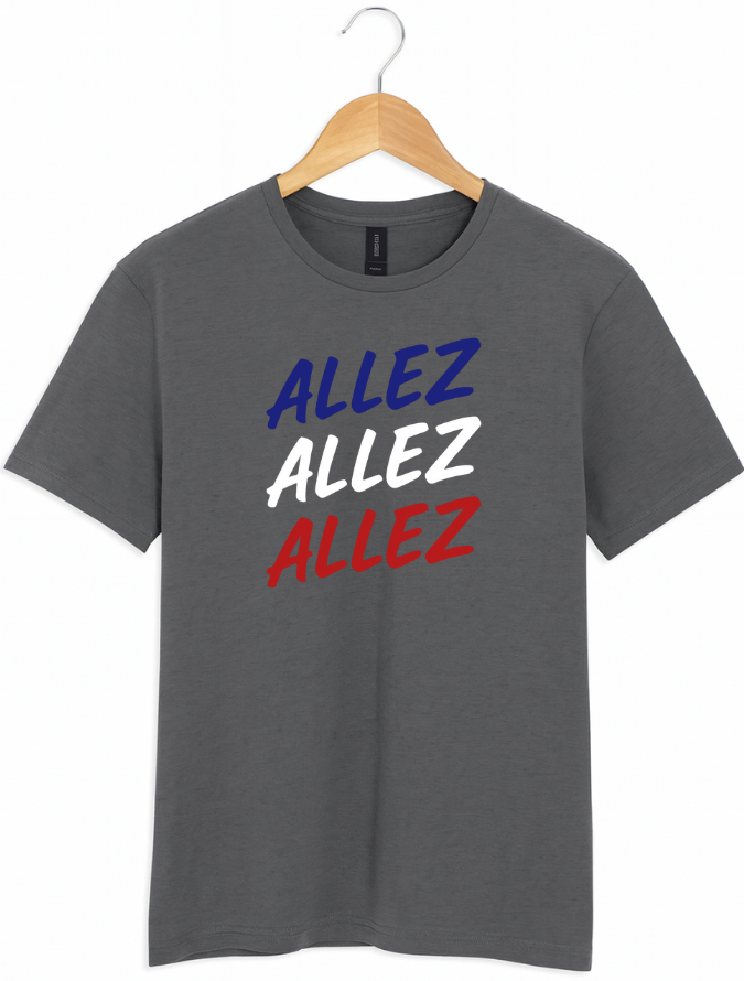 Grey cycling t-shirt with 'ALLEZ' text in blue, white, and red on a hanger against a white background