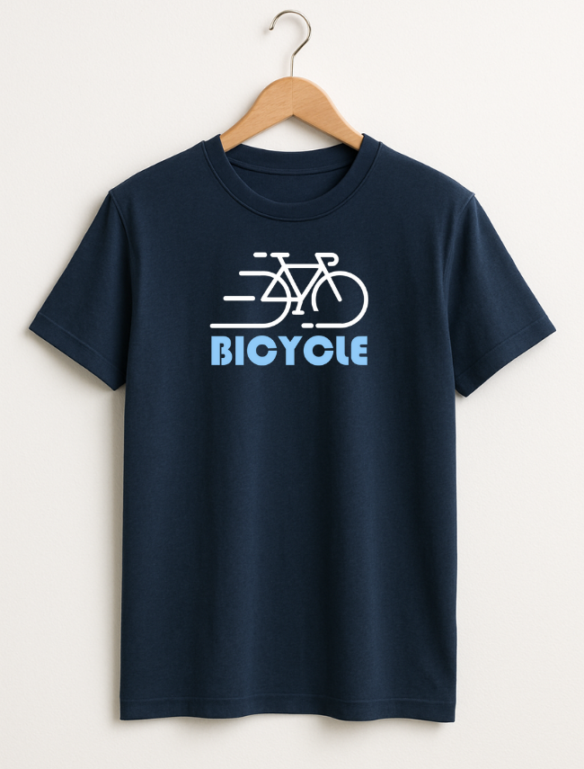 Navy blue t-shirt with bicycle graphic and 'BICYCLE' text on a hanger against a white background