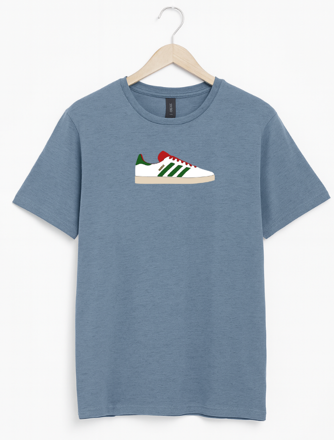 Blue t-shirt with a graphic of a sneaker on a hanger against a white background