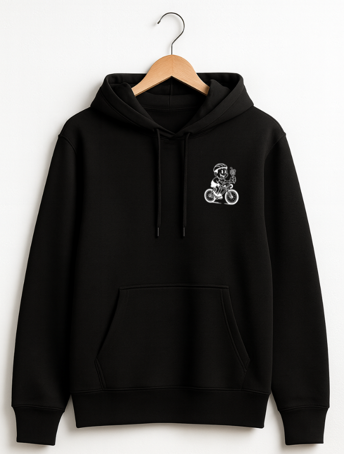 Black hoodie hanging on a wooden hanger with a white graphic of a cartoon cyclist holding pasta 