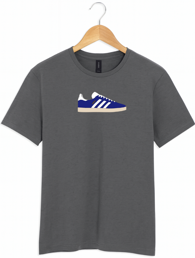 Grey t-shirt with blue and white sneakers graphic on a hanger against a white background