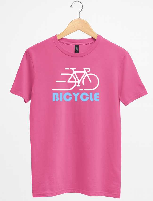 Pink t-shirt with bicycle graphic and 'BICYCLE' text on a hanger against a white background