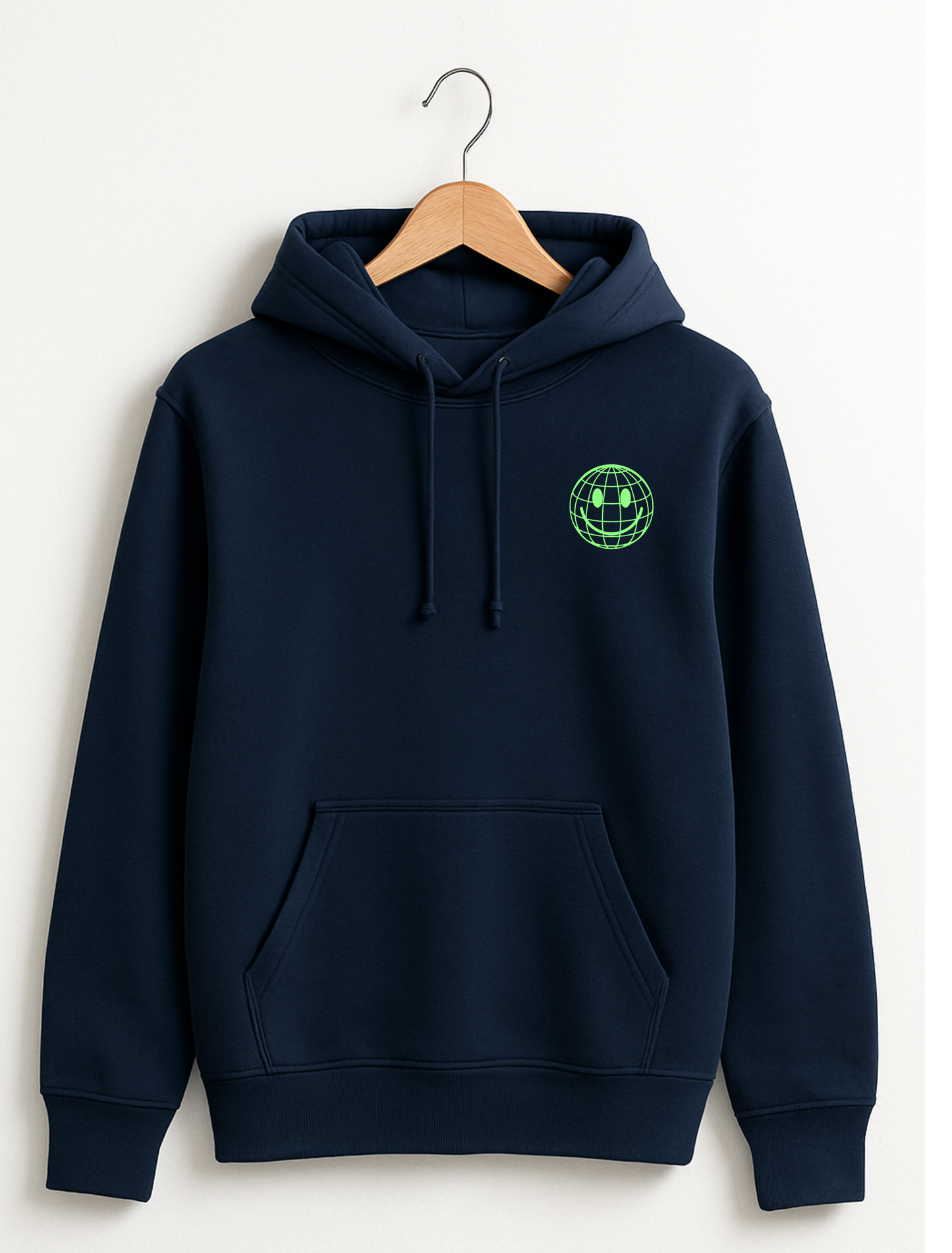 Navy blue hoodie with a green logo on a white background