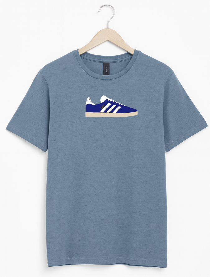 Blue t-shirt with a graphic of a blue and white sneaker on a hanger against a white background