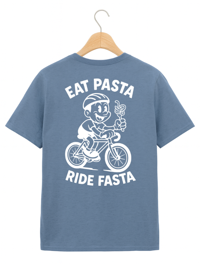 Blue t-shirt with a graphic of a person riding a bike and text 'Eat Pasta Ride Fasta' on a hanger.