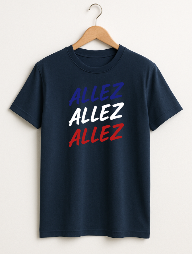 Navy cycling  blue t-shirt with 'ALLEZ' text in red, white, and blue on a hanger against a white background