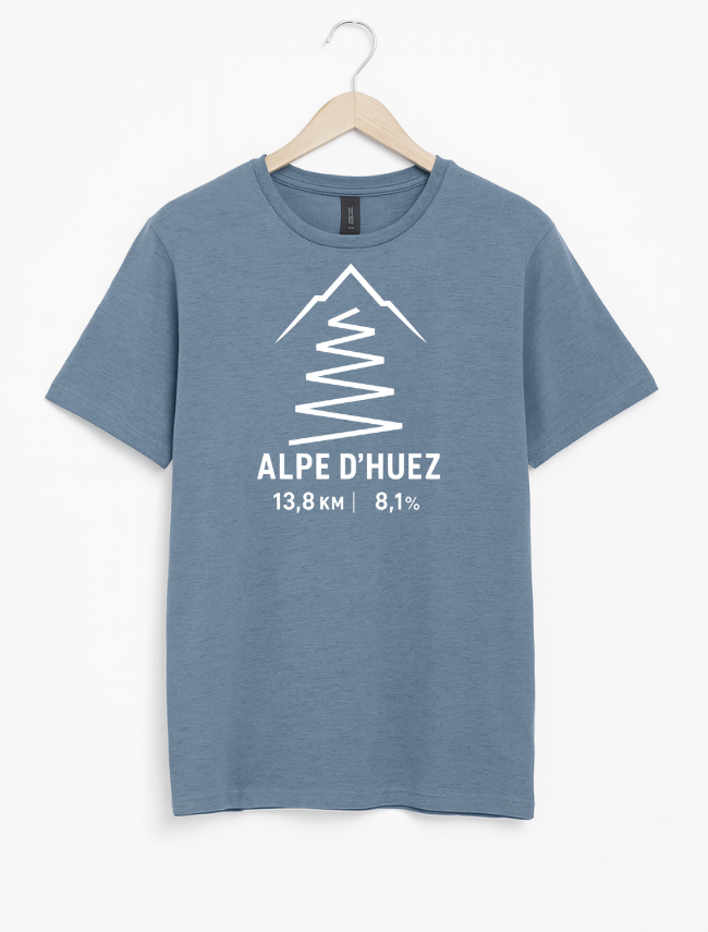 Blue t-shirt with white mountain graphic and text on a hanger against a white background