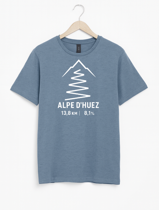 Blue t-shirt with white mountain graphic and text on a hanger against a white background
