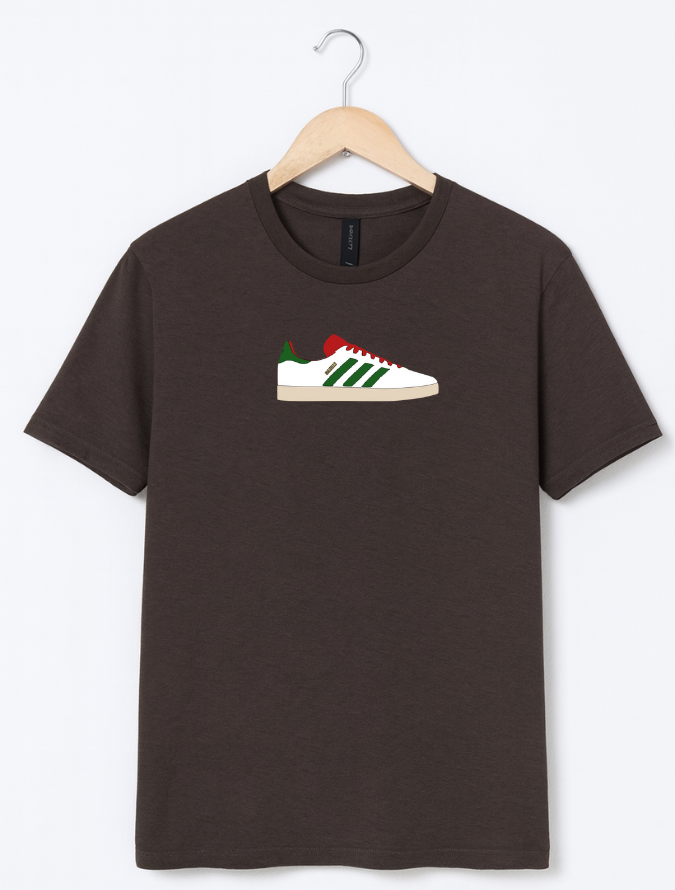 Brown t-shirt with a graphic of a white sneaker on a hanger against a white background