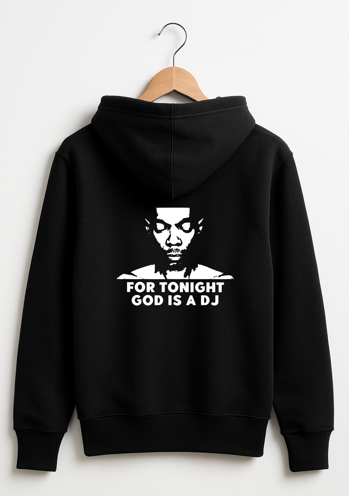 Black hoodie with a graphic and text on a white background