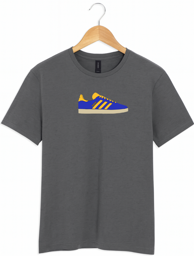 Grey t-shirt with blue and yellow shoe graphic on a hanger against a white background