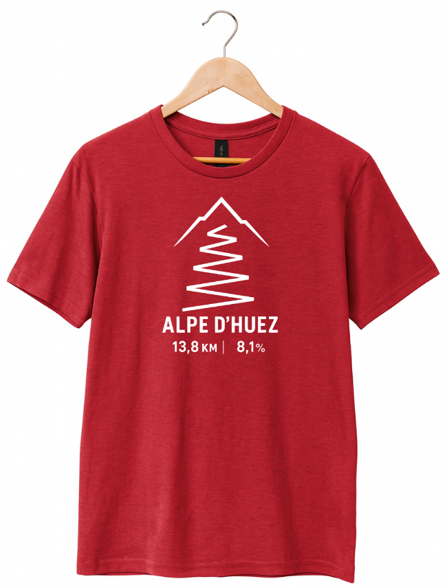 Red t-shirt with white graphic and text on a hanger against a white background