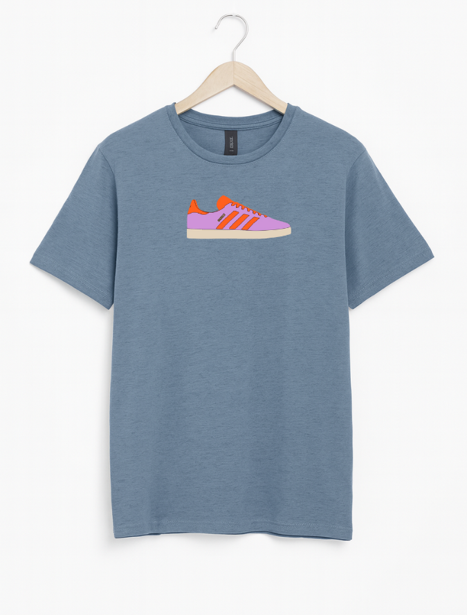 Blue t-shirt with a graphic of a sneaker on a hanger against a white background