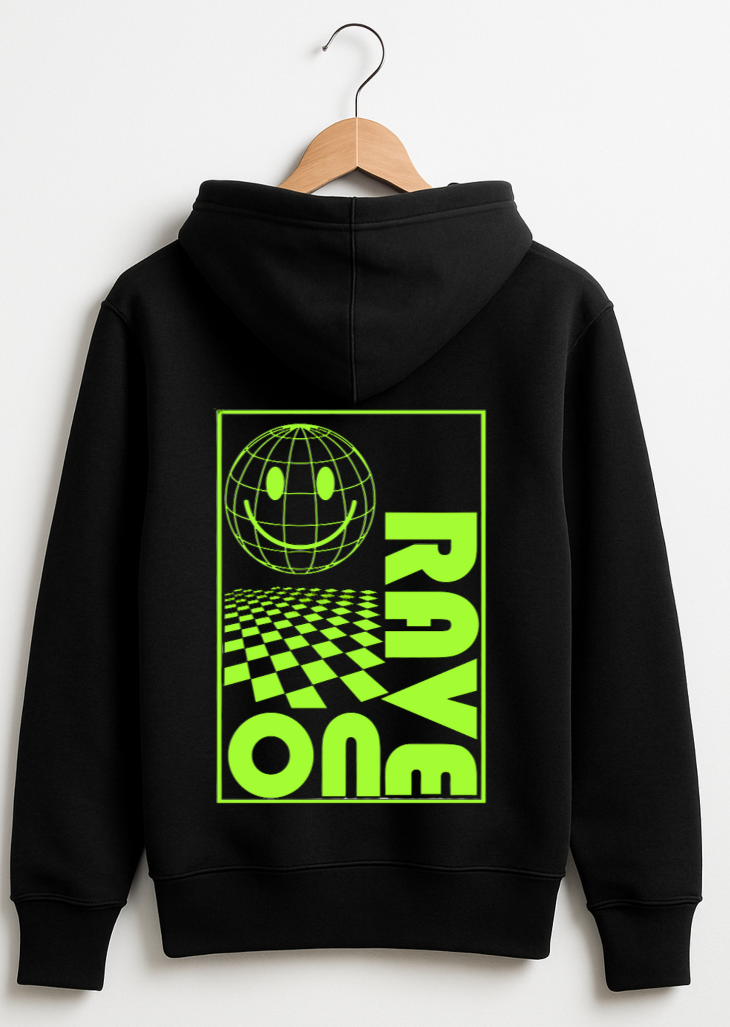 Black hoodie with a green 'Rave One' graphic on a hanger against a white background