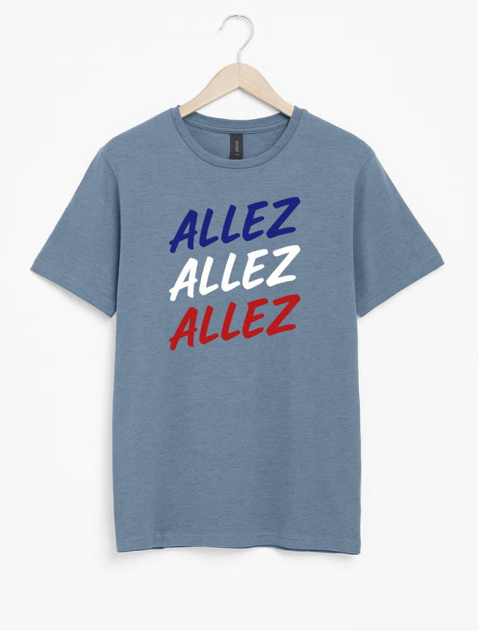 Blue cycling t-shirt with 'ALLEZ' text in blue, white, and red on a hanger against a white background