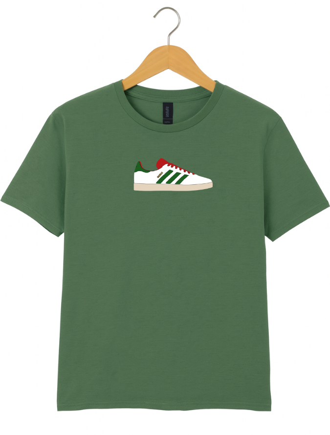Green t-shirt with a graphic of a red, white, and green sneaker on a hanger against a white background