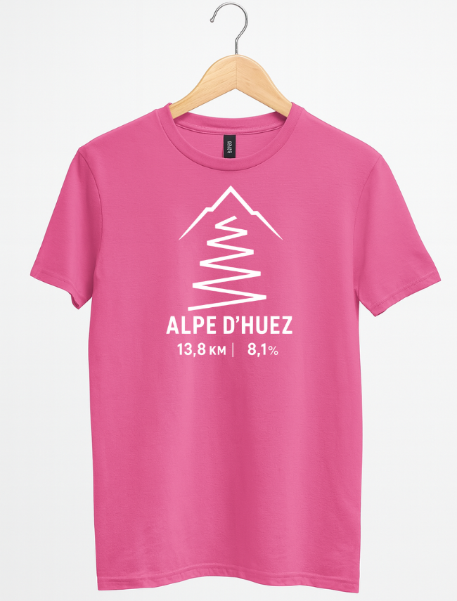 Pink t-shirt with white graphic and text on a hanger against a white background