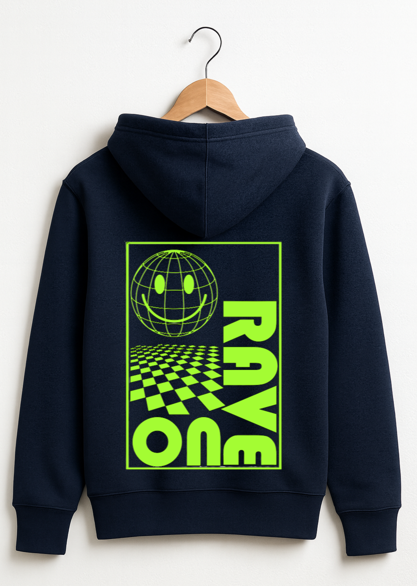 Navy hoodie with green graphic design on a hanger against a white background