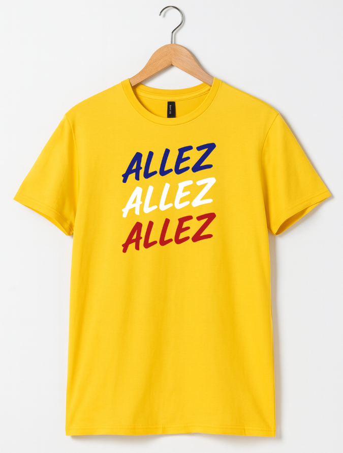 Yellow Cycling t-shirt with 'ALLEZ' text in blue, white, and red on a hanger against a white background