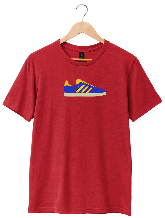Red t-shirt with a blue and yellow sneaker graphic on a hanger against a white background