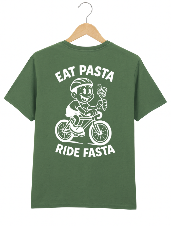 Green t-shirt with a graphic of a character riding a bike and text 'Eat Pasta Ride Fasta' on a hanger.