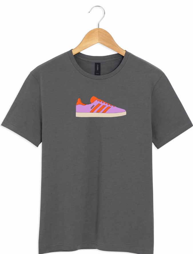 Grey t-shirt with a graphic of a shoe on a hanger against a white background