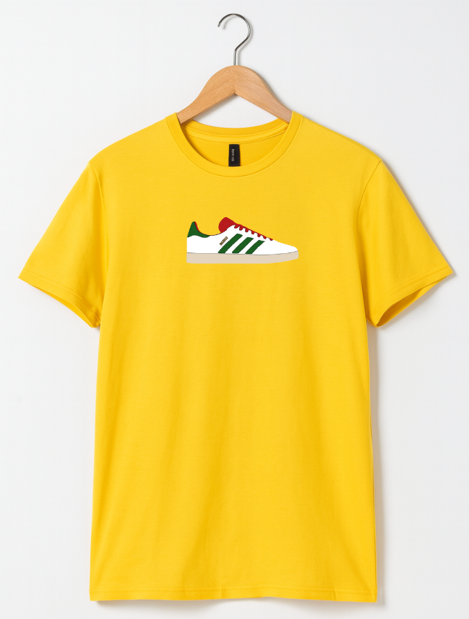 Yellow t-shirt with a graphic of a sneaker on a hanger against a white background
